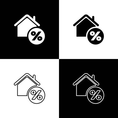 House'u siyah beyaz arka planda yalıtılmış perkant indirim etiketi simgesiyle ayarlayın. Ev yüzdesi işaret fiyatı. Emlak evi. Kredi yüzdesi sembolü. Vektör İllüstrasyonu