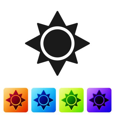 Siyah Güneş simgesi beyaz arkaplanda izole edildi. Renkli kare düğmelerle simgeleri ayarla. Vektör İllüstrasyonu