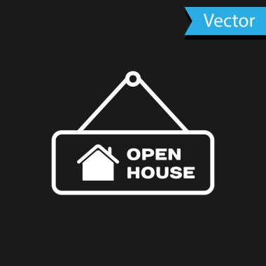 Siyah arkaplanda açık ev simgesi olan beyaz asma işareti. Açık Ev 'in yazılı olduğu tabela. Vektör İllüstrasyonu