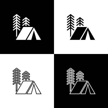 Siyah beyaz arkaplanda izole edilmiş bir turist çadırı simgesi belirleyin. Kamp sembolü. Vektör İllüstrasyonu