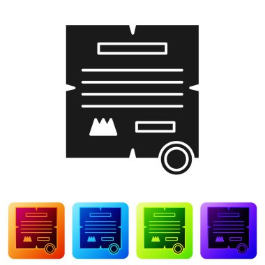 Siyah KHK, kağıt, parşömen, parşömen simgesi beyaz arkaplanda izole edilmiş. Renkli kare düğmelerle simgeleri ayarla. Vektör İllüstrasyonu