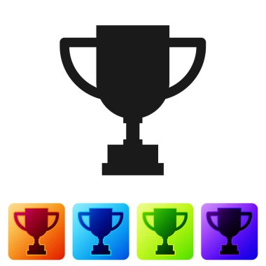 Beyaz arka planda siyah ödül kupa simgesi izole. Galibiyet ödülü sembolü. Şampiyonluk ya da yarışma kupası. Spor başarısı. Renkli kare düğmelerle simgeleri ayarla. Vektör İllüstrasyonu