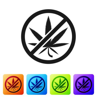 Siyah Durak esrarı ya da kenevir yaprağı ikonu beyaz arka planda izole edilmiş. Marihuana içmek yok. Kenevir sembolü. Renkli kare düğmelerle simgeleri ayarla. Vektör İllüstrasyonu