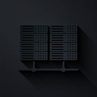 Kağıt kesme Sunucusu, Data, Web sunucu simgesi siyah arkaplanda izole edildi. Kağıt sanatı tarzı. Vektör İllüstrasyonu