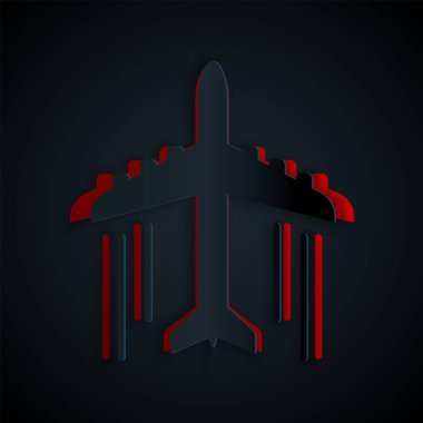 Kağıt kesiği uçak simgesi siyah arkaplanda izole edildi. Uçan uçak ikonu. Uçak tabelası. Kağıt sanatı tarzı. Vektör İllüstrasyonu