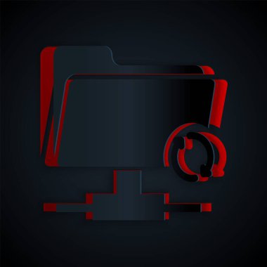 Kağıt kesiği Ftp eşzamanlama simgesi siyah arkaplanda izole edildi. Yazılım güncellemesi, transfer protokolü, yönlendirici, takım çalışması araç yönetimi, kopyalama işlemi. Kağıt sanatı tarzı. Vektör İllüstrasyonu