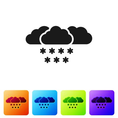 Beyaz arkaplanda izole edilmiş kar ikonu olan siyah bulut. Kar taneli bulut. Tek hava ikonu. Kar tabelası. Renkli kare düğmelerle simgeleri ayarla. Vektör İllüstrasyonu