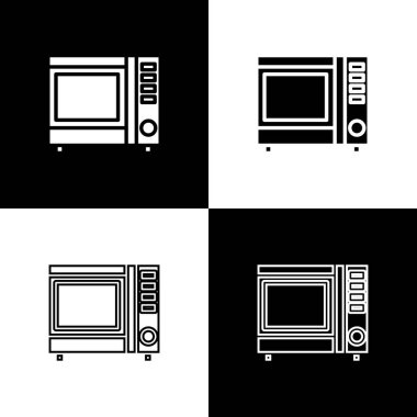 Mikrodalga fırın simgesini siyah beyaz arkaplanda izole et. Ev aletleri simgesi. Vektör İllüstrasyonu