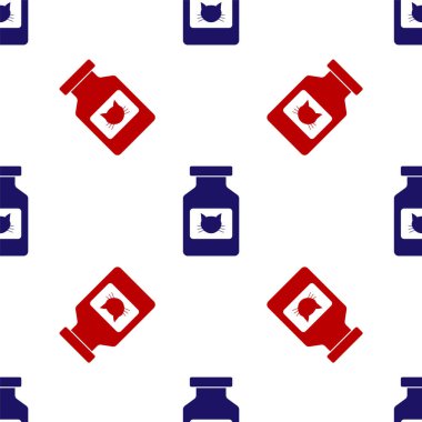 Mavi ve kırmızı kedi ilacı ikonu beyaz arka planda izole edilmiş pürüzsüz desen. İçinde haplar olan konteynır. Hayvan için reçeteli ilaç. Vektör İllüstrasyonu