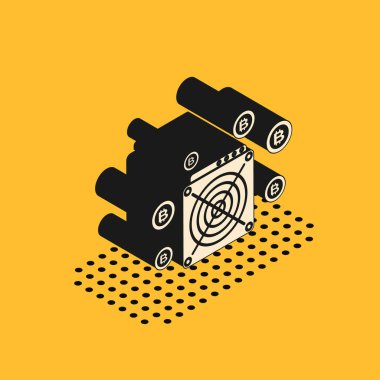 Sarı arkaplanda Isometric Asic Miner simgesi izole edildi. Kripto para birimi madencilik ekipmanları ve donanım. Uygulamaya özel entegre devre. Vektör İllüstrasyonu