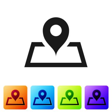 Harita kağıdındaki siyah yer tutucu beyaz arkaplanda izole edilmiş perspektif simgesi. Renkli kare düğmelerle simgeleri ayarla. Vektör İllüstrasyonu