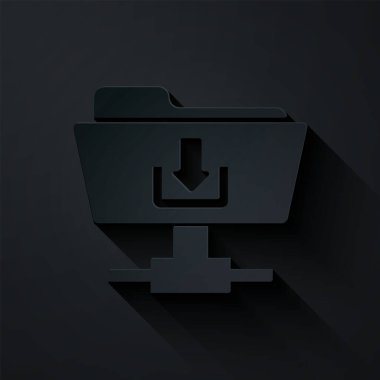 Kağıt kesiği Ftp dizin indirme simgesi siyah arkaplanda izole edildi. Yazılım güncellemesi, transfer protokolü, yönlendirici, takım çalışması araç yönetimi, kopyalama işlemi. Kağıt sanatı tarzı. Vektör İllüstrasyonu