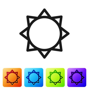 Siyah Güneş simgesi beyaz arkaplanda izole edildi. Renkli kare düğmelerle simgeleri ayarla. Vektör İllüstrasyonu