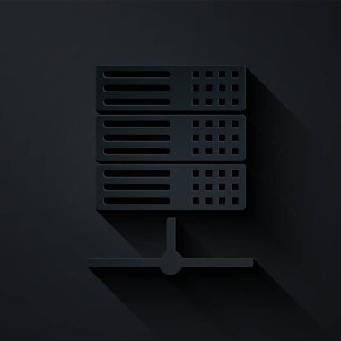 Kağıt kesme Sunucusu, Data, Web sunucu simgesi siyah arkaplanda izole edildi. Kağıt sanatı tarzı. Vektör İllüstrasyonu