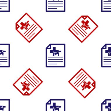 Köpek ya da kedi ikonuyla seyahat için mavi ve kırmızı tıbbi sertifika beyaz arka planda izole edilmiş kusursuz desen. Evcil hayvan için belge. Vektör İllüstrasyonu