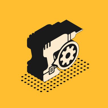 Sarı arka planda izole edilmiş Isometric matkap ve dişli ikonu. Uygulama, servis konsepti, ayar seçenekleri, bakım, onarım, onarım. Vektör İllüstrasyonu