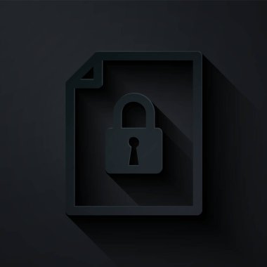 Kağıt kesiği Belge ve kilit simgesi siyah arkaplanda izole edildi. Dosya biçimi ve asma kilit. Güvenlik, güvenlik, koruma kavramı. Kağıt sanatı tarzı. Vektör İllüstrasyonu