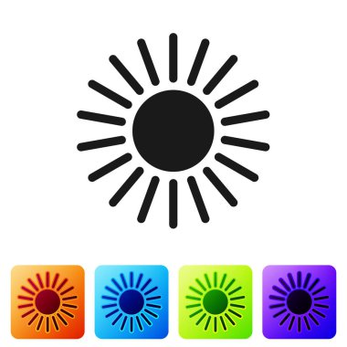 Siyah Güneş simgesi beyaz arkaplanda izole edildi. Renkli kare düğmelerle simgeleri ayarla. Vektör İllüstrasyonu