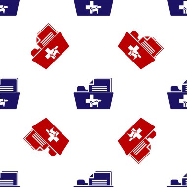 Mavi ve kırmızı tıbbi kayıt klasörü ikonu beyaz arka planda kusursuz desen izole etti. Köpek ya da kedi pençesi izi. Evcil hayvan için belge. Hasta dosya simgesi. Vektör İllüstrasyonu