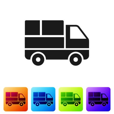 Beyaz arka planda izole edilmiş simgenin arkasında karton kutular olan siyah teslimat kamyonu. Renkli kare düğmelerle simgeleri ayarla. Vektör İllüstrasyonu