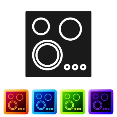 Siyah Gaz soba simgesi beyaz arkaplanda izole edildi. Mutfak tabelaları. Dört daire ocağı olan bir hob. Renkli kare düğmelerle simgeleri ayarla. Vektör İllüstrasyonu