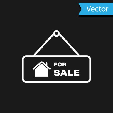 Siyah arkaplanda satılık simgesi yazılı beyaz asma tabelası. Satılık mesajlı pano. Vektör İllüstrasyonu