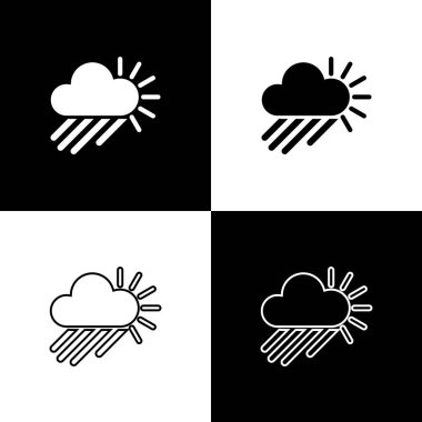 Bulutlu 'yu yağmur ve güneş ikonu ile siyah beyaz arka planda izole et. Yağmur damlaları ile yağmur bulutu yağışı. Vektör İllüstrasyonu