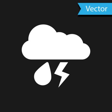 Siyah zemin üzerinde yağmur ve şimşek simgesi olan beyaz bulut. Yağmur damlalı yağmur bulutu yağışı. Fırtına ikonu. Vektör İllüstrasyonu