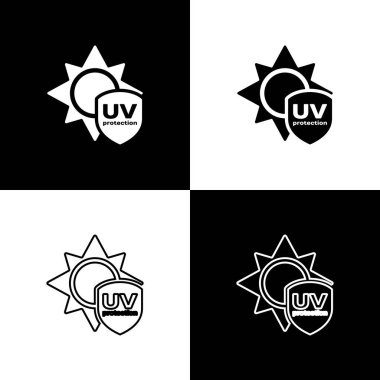 Siyah beyaz arkaplanda UV koruma simgesini ayır. Güneş ve kalkan. Ultra menekşe ışınları radyasyon. Güneş ışığı işareti. Vektör İllüstrasyonu