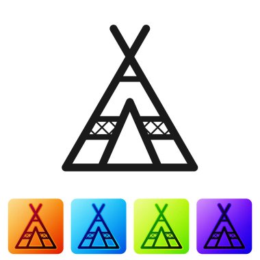 Beyaz arka planda siyah turist çadırı simgesi izole edildi. Kamp sembolü. Renkli kare düğmelerle simgeleri ayarla. Vektör İllüstrasyonu