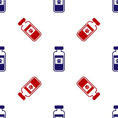 Mavi ve kırmızı evcil hayvan şişesi tıbbi ikonu beyaz arka planda izole edilmiş pürüzsüz desen. Hayvan için reçeteli ilaç. Vektör İllüstrasyonu