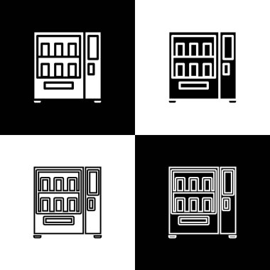Yiyecek ve içecek otomatiğinin otomatik satış simgesini siyah ve beyaz arka planda izole et. Vektör İllüstrasyonu