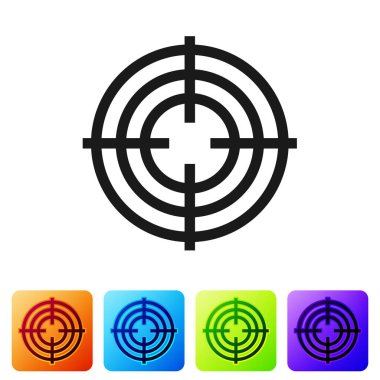 Siyah hedef sporu beyaz arka planda izole edilmiş ikon çekimi için. Atış mesafesi ya da atış mesafesi için sayıları olan temiz bir hedef. Renkli kare düğmelerle simgeleri ayarla. Vektör İllüstrasyonu