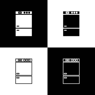 Buzdolabı simgesini siyah beyaz arkaplanda izole et. Buzdolabı buzdolabı. Ev aletleri ve aletler. Vektör İllüstrasyonu