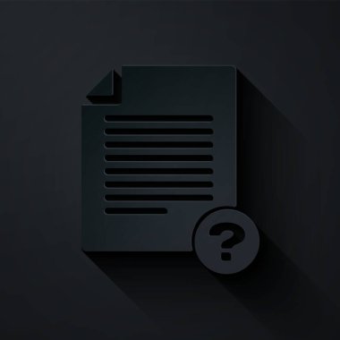 Kağıt kesiği Siyah arkaplanda bilinmeyen belge simgesi izole edildi. Soru işareti olan dosya. Raporu, servisi ve küresel arama işaretini beklet. Kağıt sanatı tarzı. Vektör İllüstrasyonu