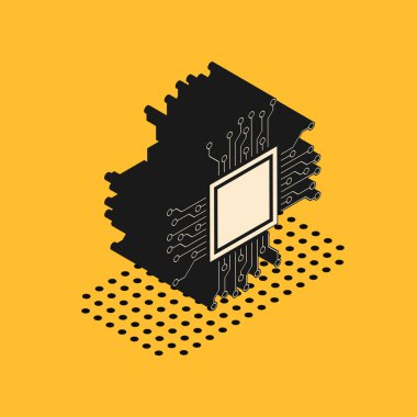 Isometric İşlemci simgesi sarı arkaplanda izole edildi. İşlemci, merkezi işlem birimi, mikroçip, mikro devre, bilgisayar işlemcisi, çip. Vektör İllüstrasyonu