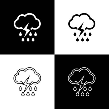 Bulut 'u yağmur ve şimşek simgesiyle siyah beyaz arkaplanda izole et. Yağmur damlalı yağmur bulutu yağışı. Fırtına ikonu. Vektör İllüstrasyonu