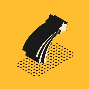 Sarı arkaplanda izole edilmiş Isometric Kayan Yıldız simgesi. Yıldız izi ile kayan yıldız. Göktaşı, göktaşı, kuyruklu yıldız, asteroid, yıldız ikonu. Vektör İllüstrasyonu