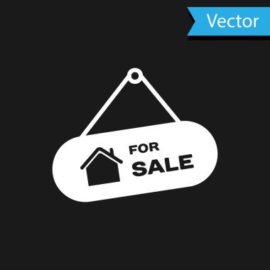 Siyah arkaplanda satılık simgesi yazılı beyaz asma tabelası. Satılık mesajlı pano. Vektör İllüstrasyonu