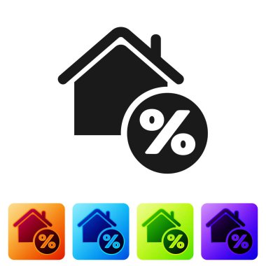 Beyaz arka planda izole edilmiş indirimli etiket simgesine sahip Kara Ev. Evin yüzdesi tabela fiyatı. Emlak evi. Kredi yüzdesi sembolü. Renkli kare düğmelerle simgeleri ayarla. Vektör İllüstrasyonu