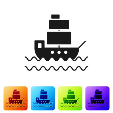 Siyah Gemi simgesi beyaz arkaplanda izole edildi. Renkli kare düğmelerle simgeleri ayarla. Vektör İllüstrasyonu