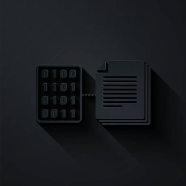 Kağıt kesiği. Siyah arkaplanda Akıllı sözleşme simgesi izole edildi. Engelleme teknolojisi, kripto para madenciliği, bitcoin, altsikkeler, dijital para piyasası. Kağıt sanatı tarzı. Vektör İllüstrasyonu