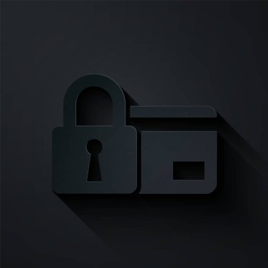 Siyah arkaplanda kilit simgesi olan kağıt kesimi kredi kartı. Kilitli banka kartı. Güvenlik, güvenlik, koruma kavramı. Güvenli ödeme kavramı. Kağıt sanatı tarzı. Vektör İllüstrasyonu