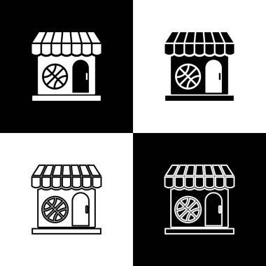 Spor salonu ve basketbol topu ikonu siyah beyaz arka planda izole edildi. Spor mağazası. Vektör İllüstrasyonu