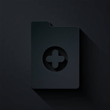 Siyah arka planda izole edilmiş klinik kayıt simgesi olan kağıt kesiği tıbbi pano. Sağlık sigortası formu. Reçete, tıbbi kontrol işaretleri raporu. Kağıt sanatı tarzı. Vektör İllüstrasyonu