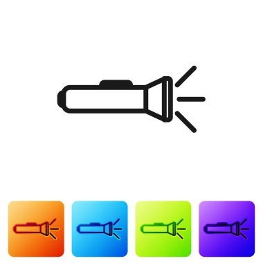 Beyaz arkaplanda siyah el feneri simgesi izole edildi. Renkli kare düğmelerle simgeleri ayarla. Vektör İllüstrasyonu