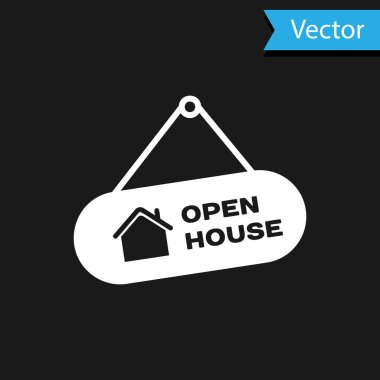 Siyah arkaplanda açık ev simgesi olan beyaz asma işareti. Açık Ev 'in yazılı olduğu tabela. Vektör İllüstrasyonu