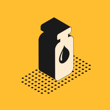 Isometric Tıbbi şişe, ampul, sarı arka planda izole şişe ikonu. Aşı, iğne, aşı, sağlık hizmeti konsepti. Vektör İllüstrasyonu