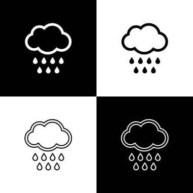 Bulut 'u yağmur simgesiyle siyah beyaz arkaplanda izole et. Yağmur damlaları ile yağmur bulutu yağışı. Vektör İllüstrasyonu