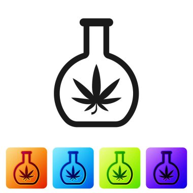 Beyaz arka planda marihuana ya da kenevir yaprağı ikonu bulunan siyah kimyasal test tüpü. Araştırma konsepti. Laboratuvar Cbd yağı konsepti. Renkli kare düğmelerle simgeleri ayarla. Vektör İllüstrasyonu